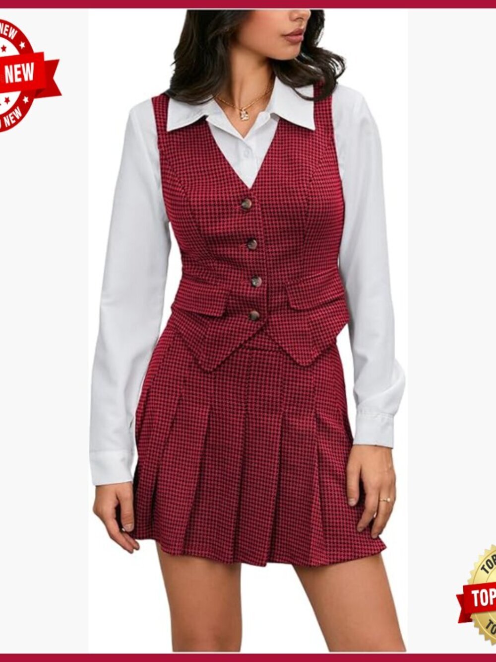 Plaid Skirt Set with Blazer Vest and Pleated Mini Skirt, Business Outfit